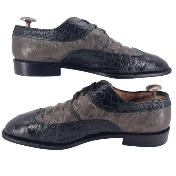 Mauri Italy Men 15 Exotic Alligator Ostrich Dress Shoe Grey Black Wingtip Oxford main image 11